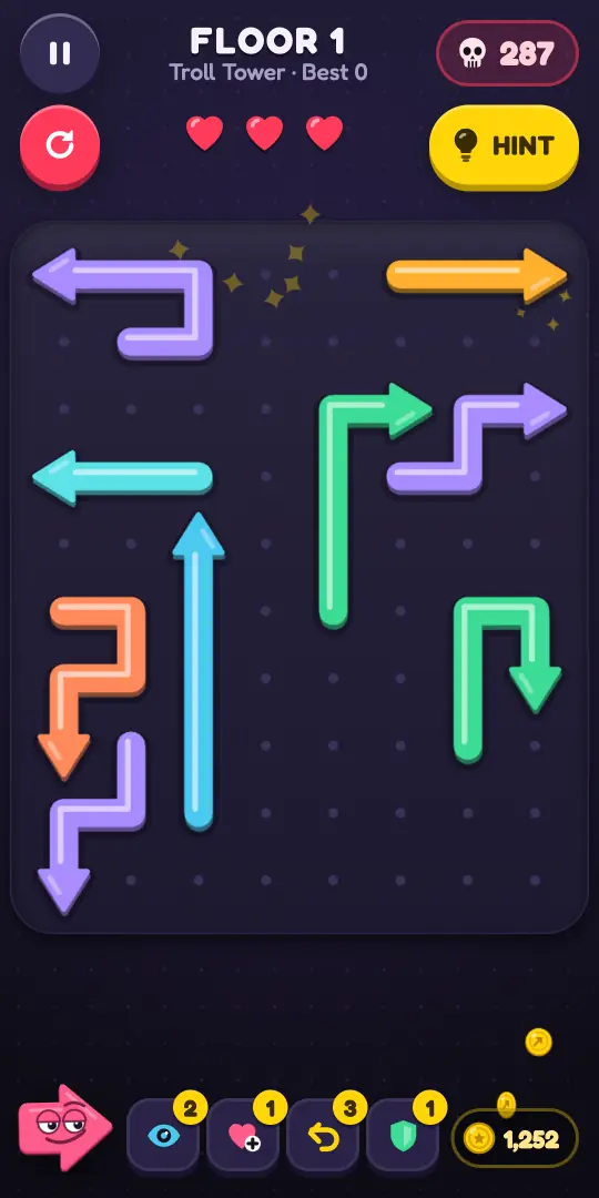 Troll Tower, floor 1: a board of bent arrows