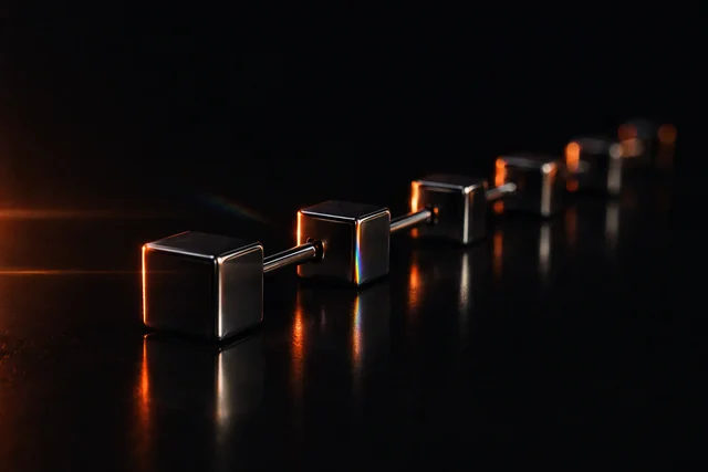 Dark chrome cubes joined by rods, receding like a ledger