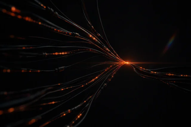 Cables carrying orange pulses converging on a single ember point