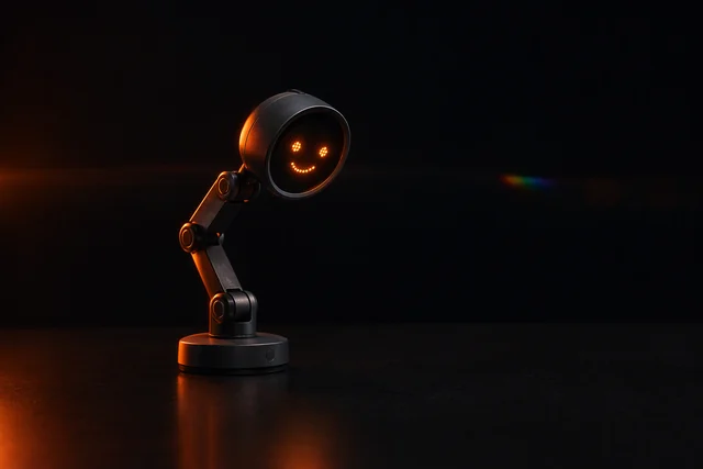 A small robotic desk lamp with a smiling LED face