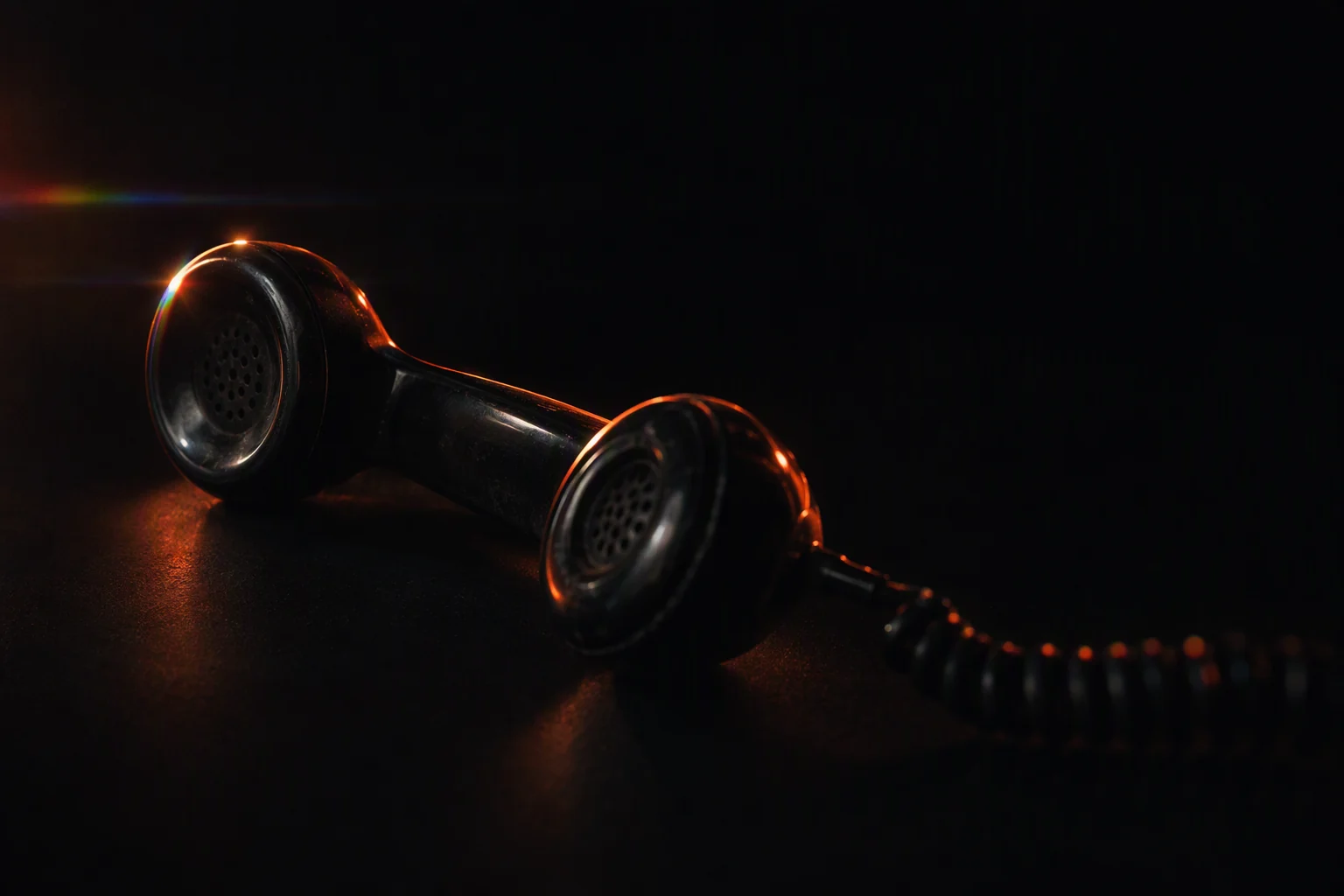 A vintage black telephone handset on a dark surface, rim-lit ember, its coiled cord trailing away